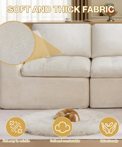 JONPONY 110" Cloud Sectional Couch for Living Room, Upholstered L-Shape Modular Sofa with Movable Ottoman, 3-Seater Deep-Seat Foam Couch, Comfortable Convertible Sectional for Home & Apartment（Beige）