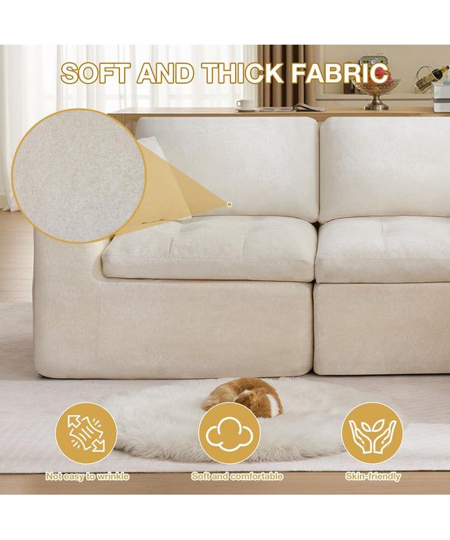 JONPONY 110" Cloud Sectional Couch for Living Room, Upholstered L-Shape Modular Sofa with Movable Ottoman, 3-Seater Deep-Seat Foam Couch, Comfortable Convertible Sectional for Home & Apartment（Beige）