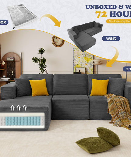 JONPONY 109” Cloud Sectional Couch, Boneless Modular Sofa with L-Shape Chaise, Deep Seat Corduroy Couch, No Assembly Required, Modern Upholstered Sectional for Living Room Apartment Bedroom