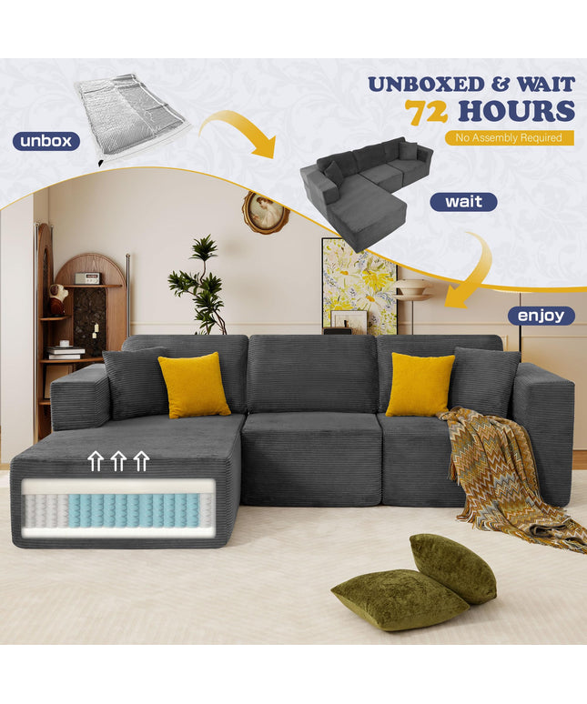 JONPONY 109” Cloud Sectional Couch, Boneless Modular Sofa with L-Shape Chaise, Deep Seat Corduroy Couch, No Assembly Required, Modern Upholstered Sectional for Living Room Apartment Bedroom