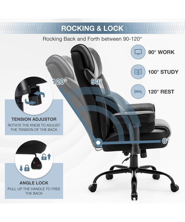 JONPONY Big and Tall Office Chair, 500lbs Rocking Massage High Back Desk Chair, Ergonomic Executive Office Chair with Adjustable Padded Armrest and Lumbar Support, Adjustable Height(Dark Black)