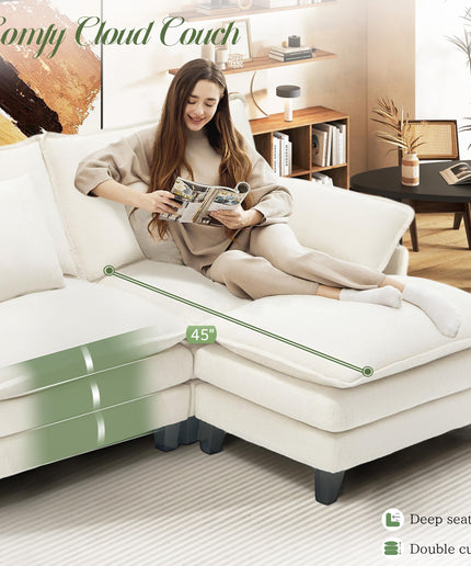 Jonpony Modular Sectional Sofa, Comfy Cloud Couch with Movable Ottoman, Deep Seat Couches for Living Room, Bedroom and Apartment, 106" U Shaped Modern Sofa with Pillows, Beige