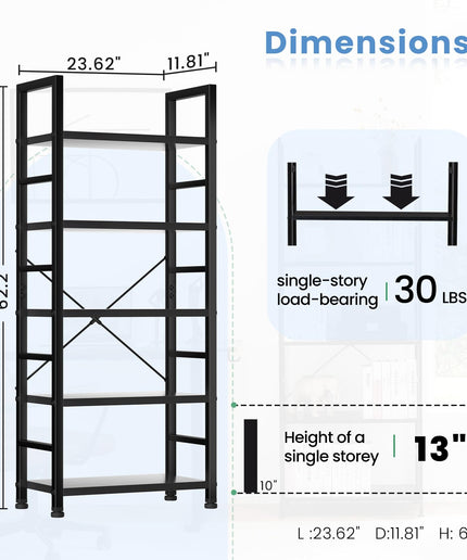 JONPONY 5 Tiers Bookshelf, Classical Book Shelf, Tall Display Shelves in Living Room/Home/Office, Storage Organizer for CDs/Books/Movies