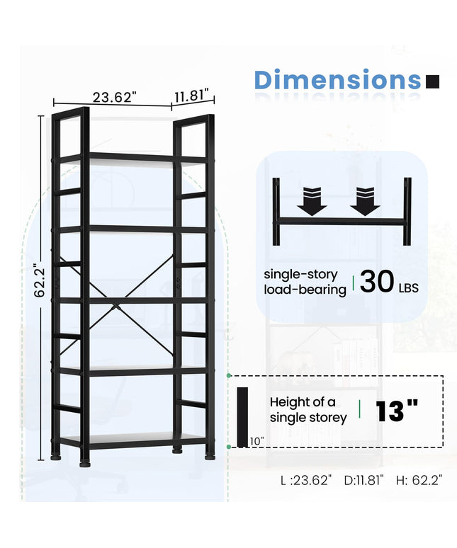 JONPONY 5 Tiers Bookshelf, Classical Book Shelf, Tall Display Shelves in Living Room/Home/Office, Storage Organizer for CDs/Books/Movies
