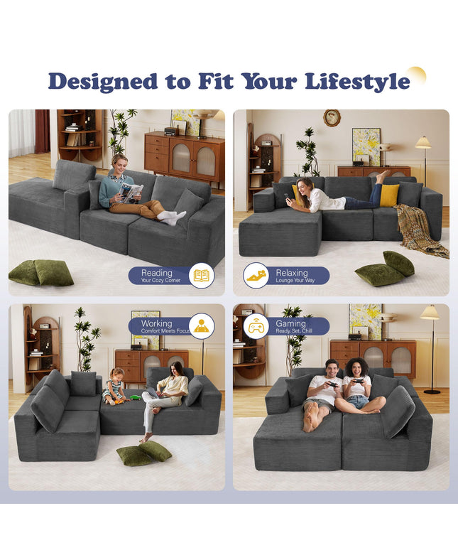 JONPONY 109” Cloud Sectional Couch, Boneless Modular Sofa with L-Shape Chaise, Deep Seat Corduroy Couch, No Assembly Required, Modern Upholstered Sectional for Living Room Apartment Bedroom