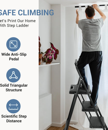 JONPONY Step Ladder, 3 Sturdy Step Stool with Anti-Slip Pedal & Comfortable Handrail, Portable Heavy Duty Step Stool for Kitchen, Garage & Outdoor Use, 800lbs