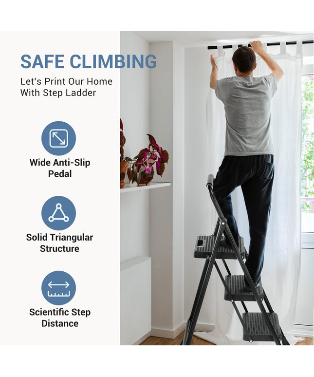 JONPONY Step Ladder, 3 Sturdy Step Stool with Anti-Slip Pedal & Comfortable Handrail, Portable Heavy Duty Step Stool for Kitchen, Garage & Outdoor Use, 800lbs