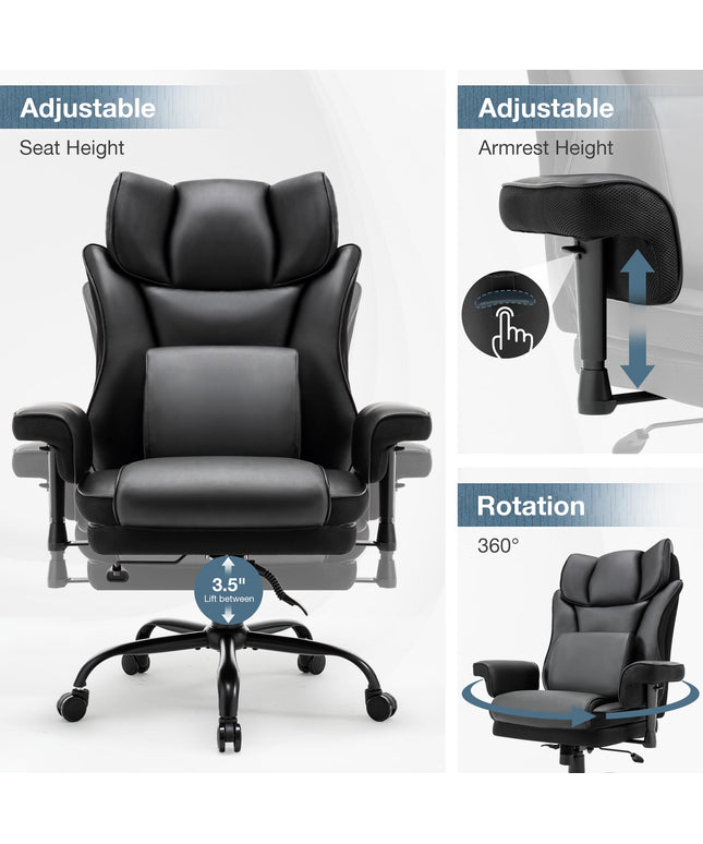 JONPONY Big and Tall Office Chair, 500lbs Rocking Massage High Back Desk Chair, Ergonomic Executive Office Chair with Adjustable Padded Armrest and Lumbar Support, Adjustable Height(Dark Black)