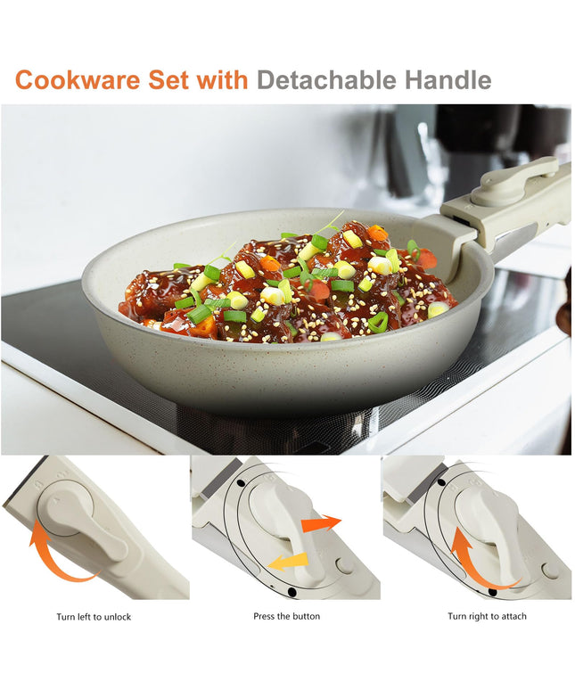 JONPONY Sweetcrispy 12 pcs Pots and Pans Set, Nonstick Kitchen Induction Cookware Suit with Detachable Handle, Dishwasher Oven Safe, Light Beige