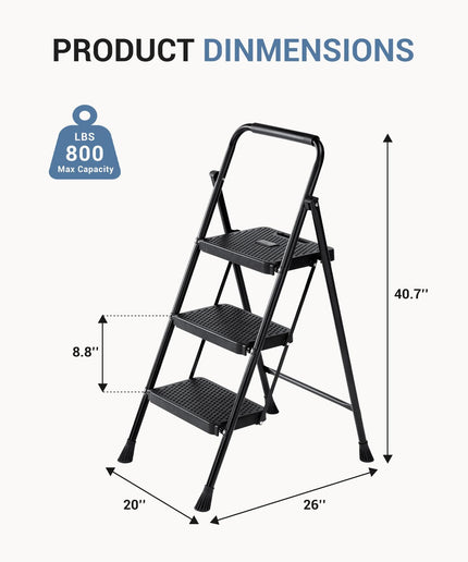 JONPONY Step Ladder, 3 Sturdy Step Stool with Anti-Slip Pedal & Comfortable Handrail, Portable Heavy Duty Step Stool for Kitchen, Garage & Outdoor Use, 800lbs