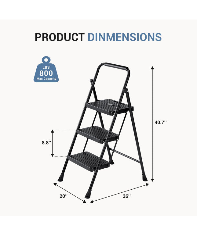 JONPONY Step Ladder, 3 Sturdy Step Stool with Anti-Slip Pedal & Comfortable Handrail, Portable Heavy Duty Step Stool for Kitchen, Garage & Outdoor Use, 800lbs