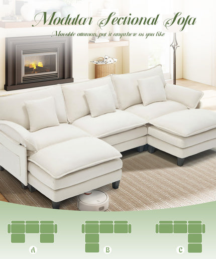 Jonpony Modular Sectional Sofa, Comfy Cloud Couch with Movable Ottoman, Deep Seat Couches for Living Room, Bedroom and Apartment, 106" U Shaped Modern Sofa with Pillows, Beige