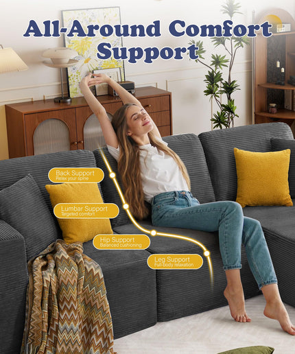 JONPONY 109” Cloud Sectional Couch, Boneless Modular Sofa with L-Shape Chaise, Deep Seat Corduroy Couch, No Assembly Required, Modern Upholstered Sectional for Living Room Apartment Bedroom