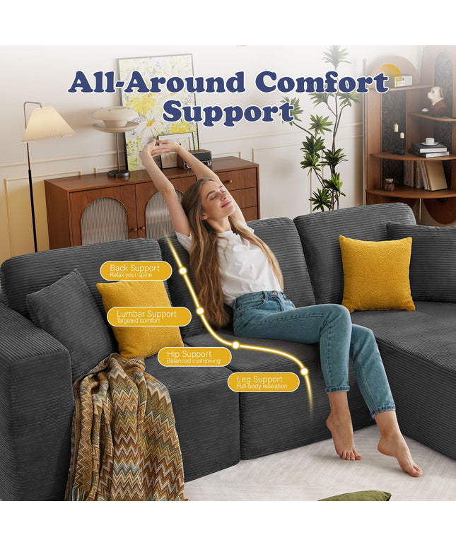 JONPONY 109” Cloud Sectional Couch, Boneless Modular Sofa with L-Shape Chaise, Deep Seat Corduroy Couch, No Assembly Required, Modern Upholstered Sectional for Living Room Apartment Bedroom