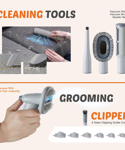 JONPONY professional Pet Grooming Vacuum Kit, 2.5L Cup, 3 Suction Modes, and 5 Groomer Tools with Cordless Low Noise Dog Clippers for Cats, Other Animals Hair Trimmer, Gray