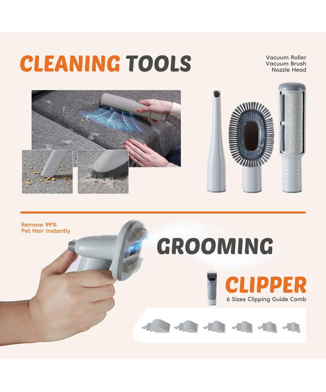 JONPONY professional Pet Grooming Vacuum Kit, 2.5L Cup, 3 Suction Modes, and 5 Groomer Tools with Cordless Low Noise Dog Clippers for Cats, Other Animals Hair Trimmer, Gray