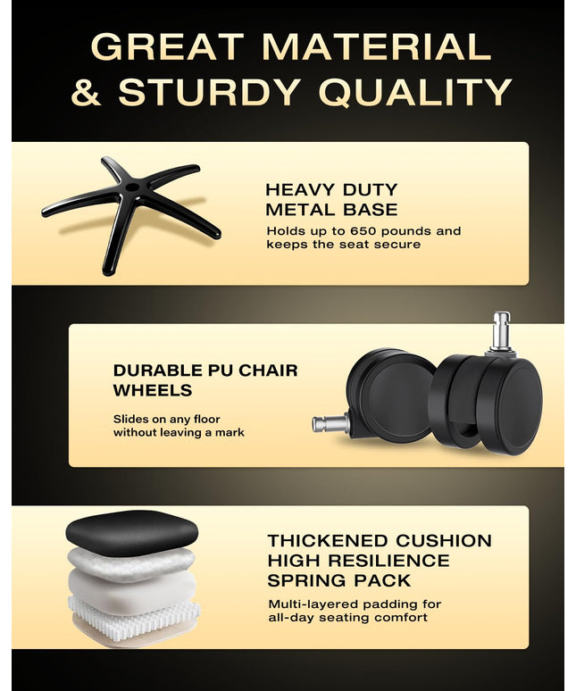 JONPONY Big and Tall Office Chair for Heavy People 650lbs Heavy Duty Executive Chair with Adjustable Lumbar Support, Wide Seat, Ergonomic High-Back Leather Desk Chair for Adults 8 Hours Daliy Work, Black