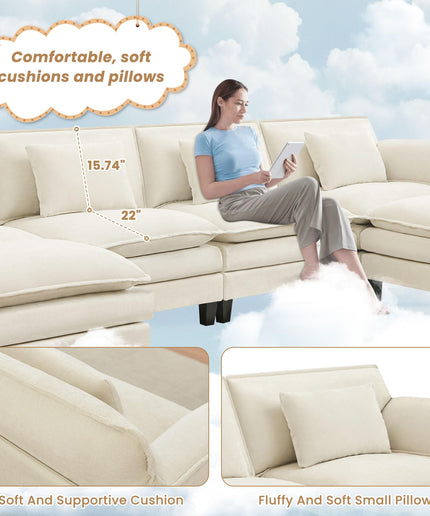 JONPONY 110" Cloud Couch Sectional with Double-Layer Seat Cushion,U Shaped Sectional Couch with Movable Ottoman, Comfy, Wide & Deep Seat Couches for Living Room, Beige