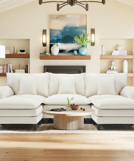 Jonpony Modular Sectional Sofa, Comfy Cloud Couch with Movable Ottoman, Deep Seat Couches for Living Room, Bedroom and Apartment, 106" U Shaped Modern Sofa with Pillows, Beige