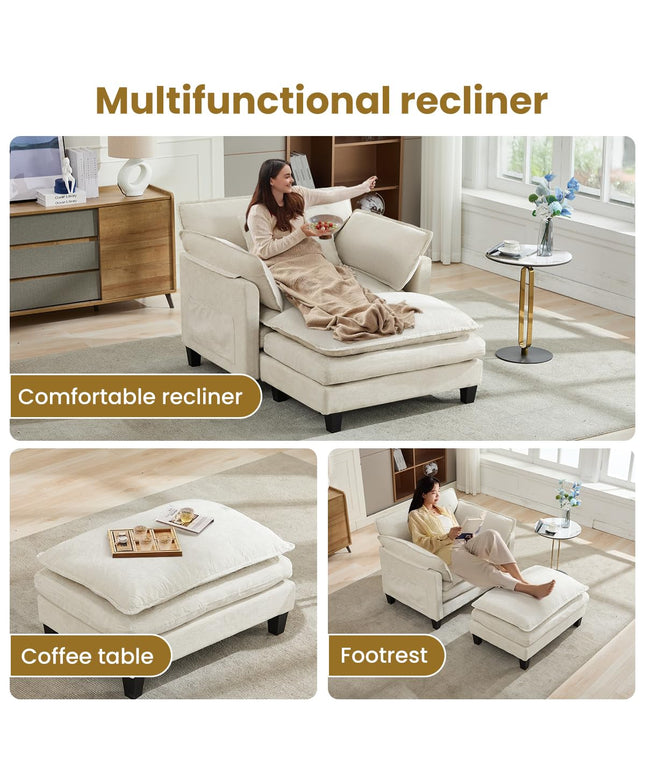 Jonpony Oversized Accent Chair with Ottoman Double-Layer Seat Cushion for Spacious Living Room, Modern Accent Chair with Removable Ottoman for Bedroom, Soft Durable Fabric Sturdy Backrest Home Office,Beige