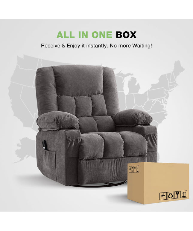 JONPONY Power Swivel Recliner Chair with Rocking Function for Adults, Oversized Rocker Recliner Single Sofa with Ergonomic, Side Pocket, Two Cup Holders for Living Room,Gray