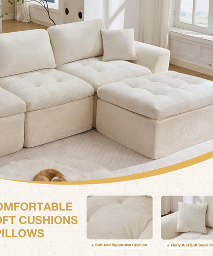 JONPONY 110" Cloud Sectional Couch for Living Room, Upholstered L-Shape Modular Sofa with Movable Ottoman, 3-Seater Deep-Seat Foam Couch, Comfortable Convertible Sectional for Home & Apartment（Beige）