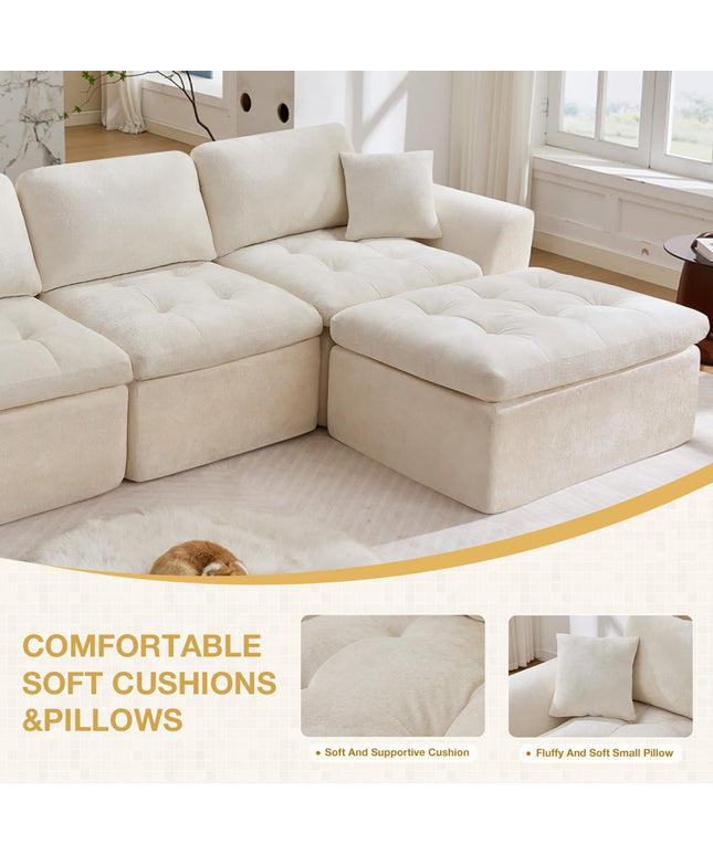 JONPONY 110" Cloud Sectional Couch for Living Room, Upholstered L-Shape Modular Sofa with Movable Ottoman, 3-Seater Deep-Seat Foam Couch, Comfortable Convertible Sectional for Home & Apartment（Beige）
