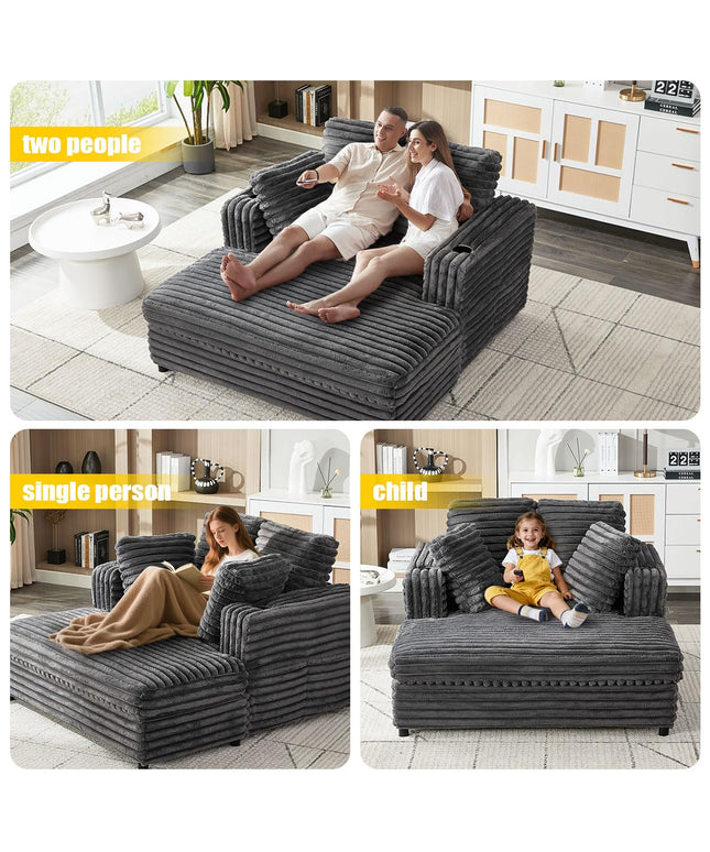 Jonpony 66'' Chaise Lounge Chair Soft Velvet Upholstery for Living Room,Oversized Lounge Chair Includes Cup Holders Side Pockets and USB & Type-C Charging Ports, Comfy Lounge with Sturdy Backrest